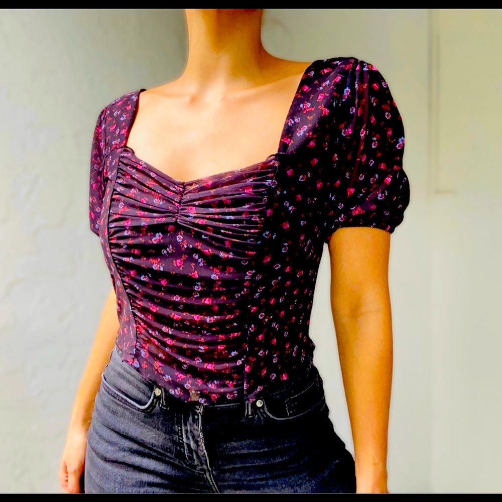 Topshop Short Sleeve Floral Mesh Crop Top - Size 8 NWT Ballon Cap sleeve